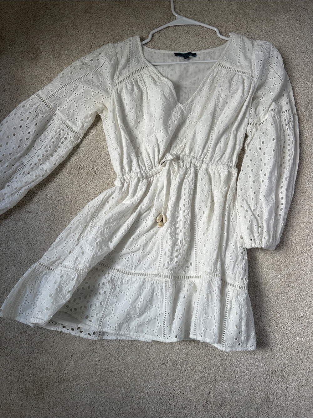 White Eyelet Long-Sleeve Mini Dress with Drawstring Waist
